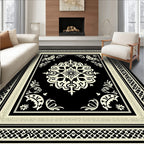 Ornate Black Cream Medallion Border Rug