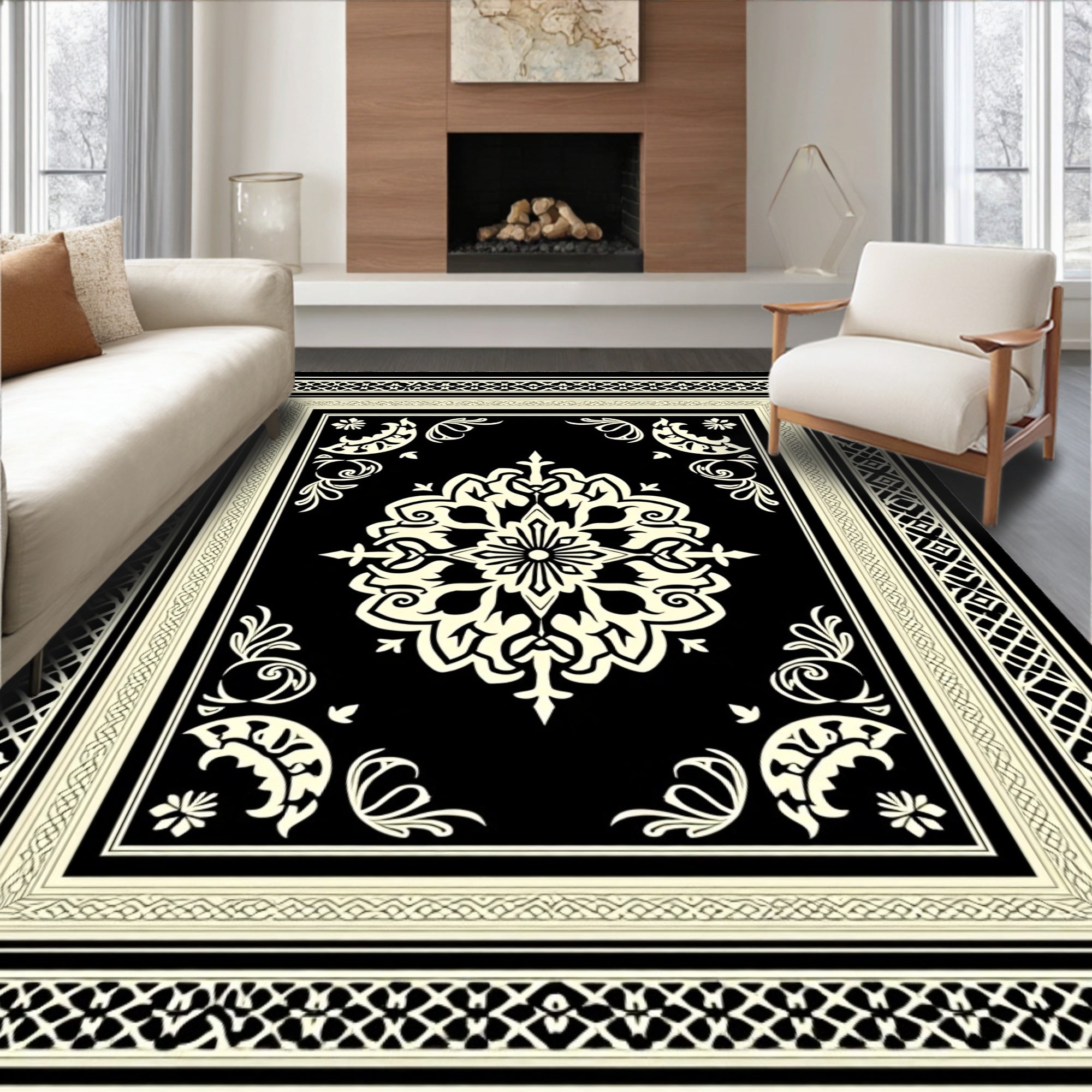 Ornate Black Cream Medallion Border Rug