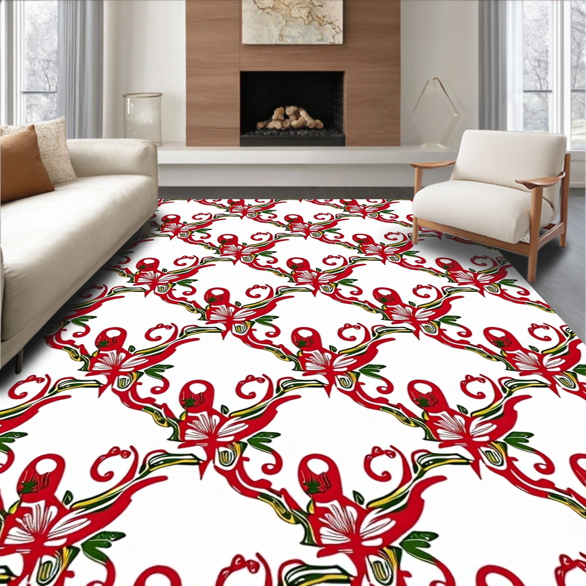 Red Crimson Abstract Floral Swirl Rug