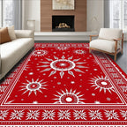 Vibrant Red Sunburst Mandala Border Rug