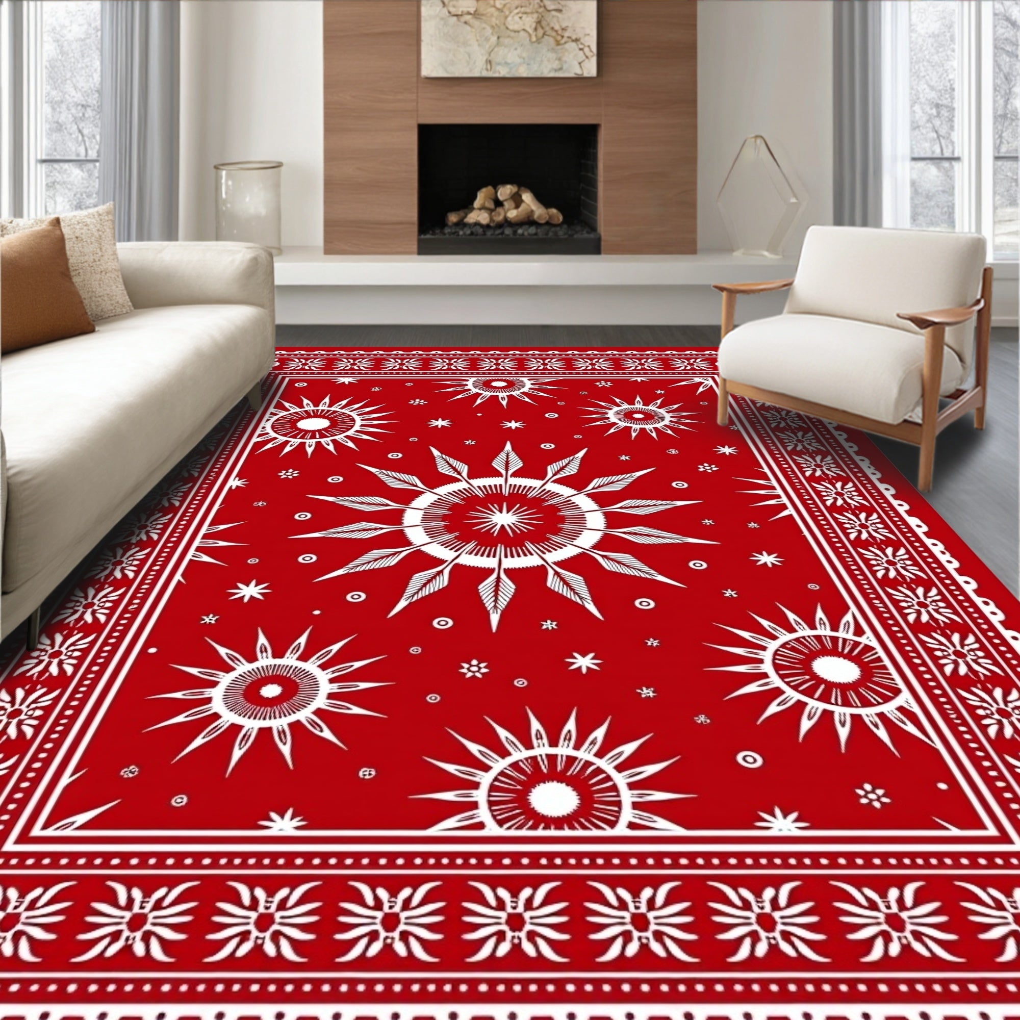 Vibrant Red Sunburst Mandala Border Rug