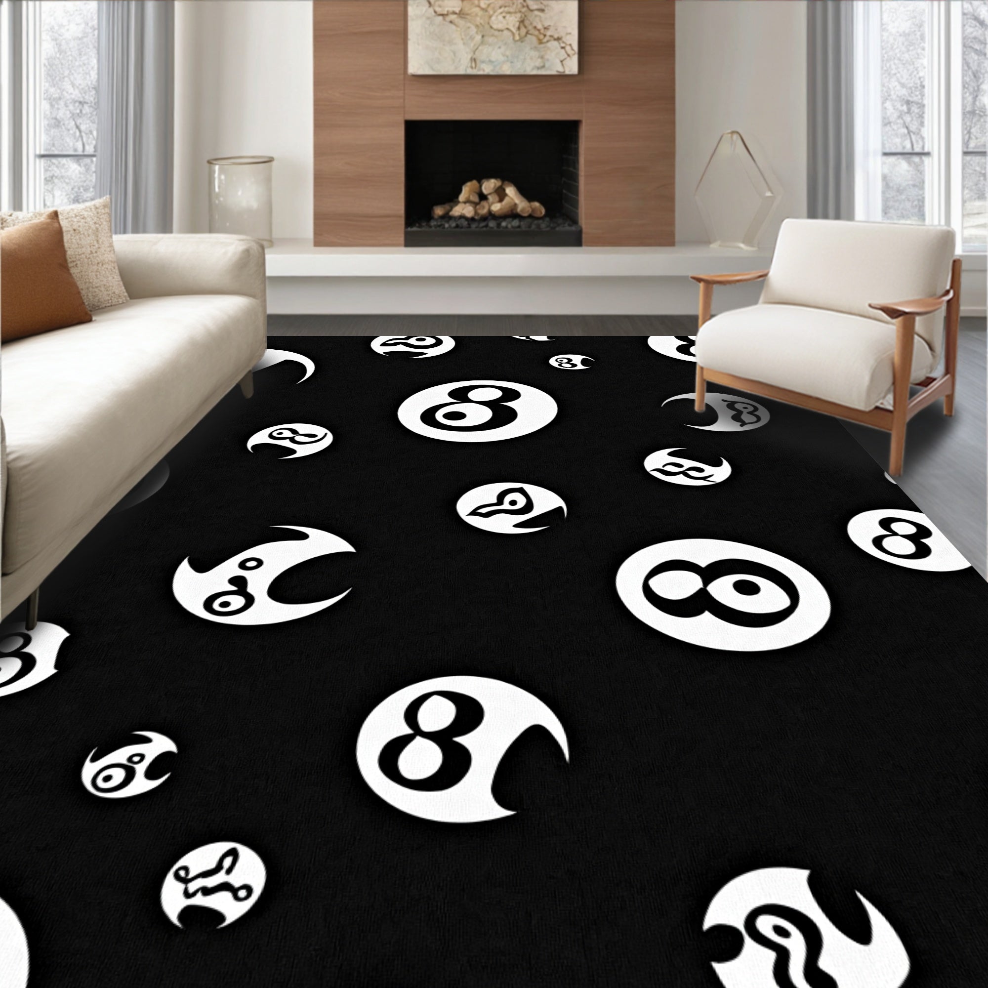 White Circular Motif Black Background Rug