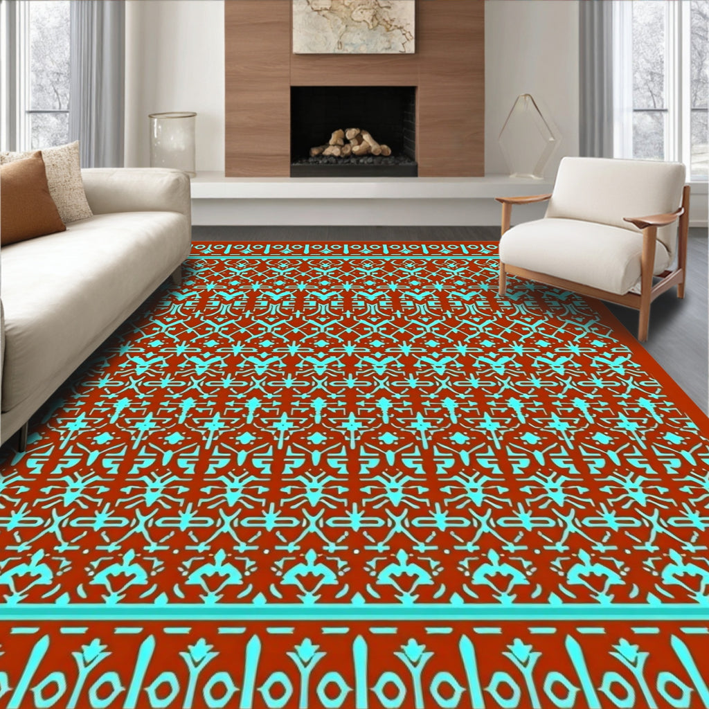 Ornate Teal Geometric Tribal Rug