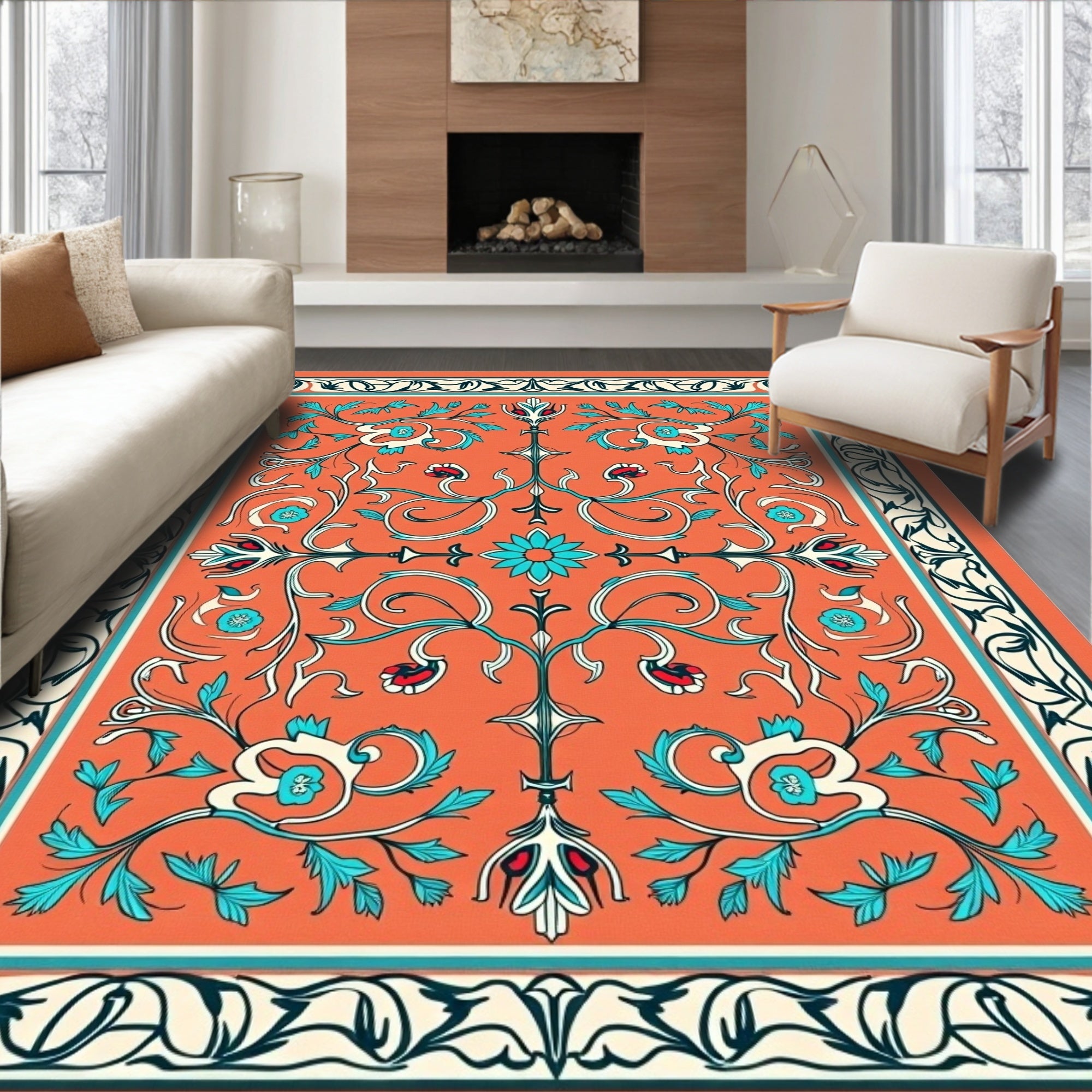 Vibrant Coral Floral Scroll Artwork Rug