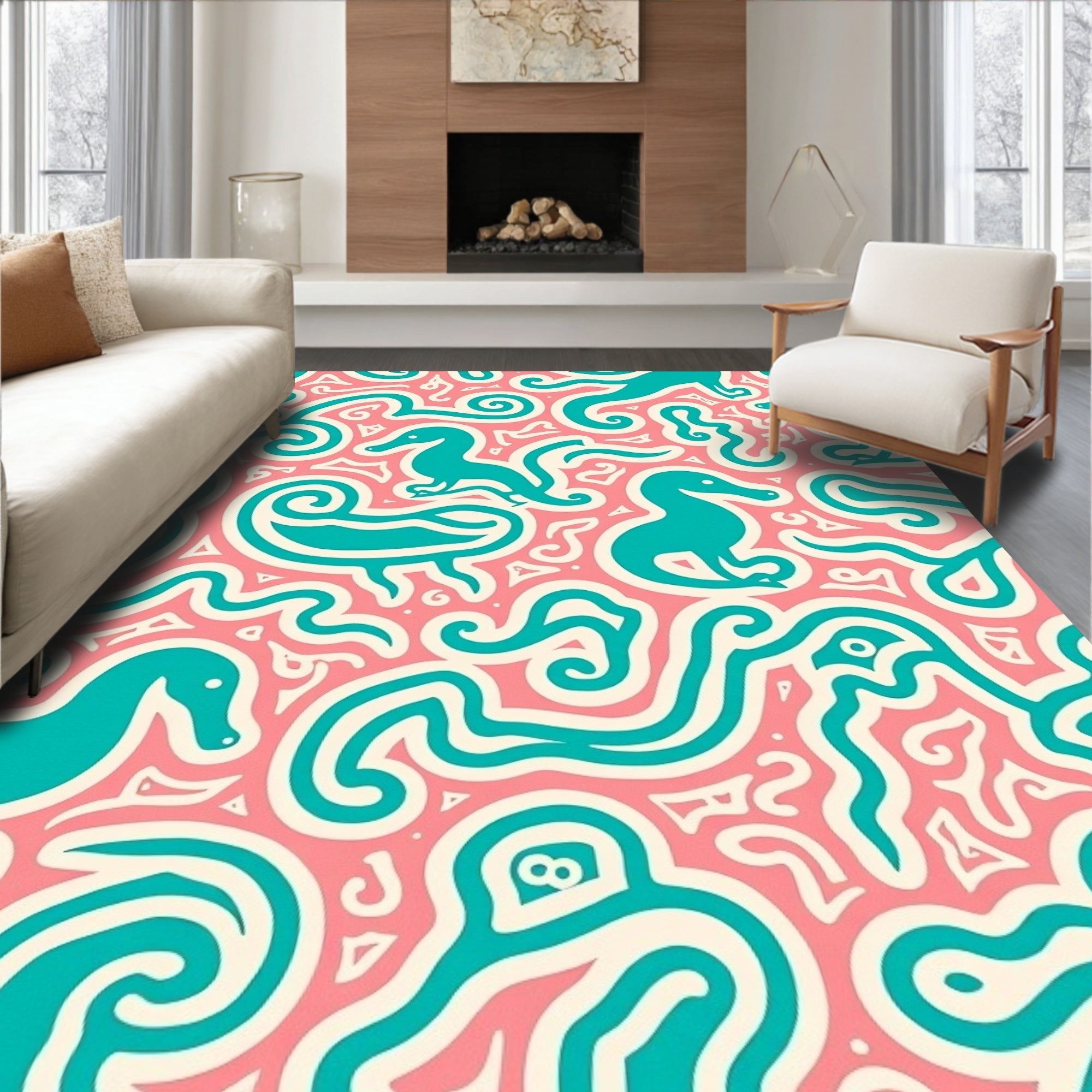 Teal Dinosaur Coral Swirl Abstract Rug