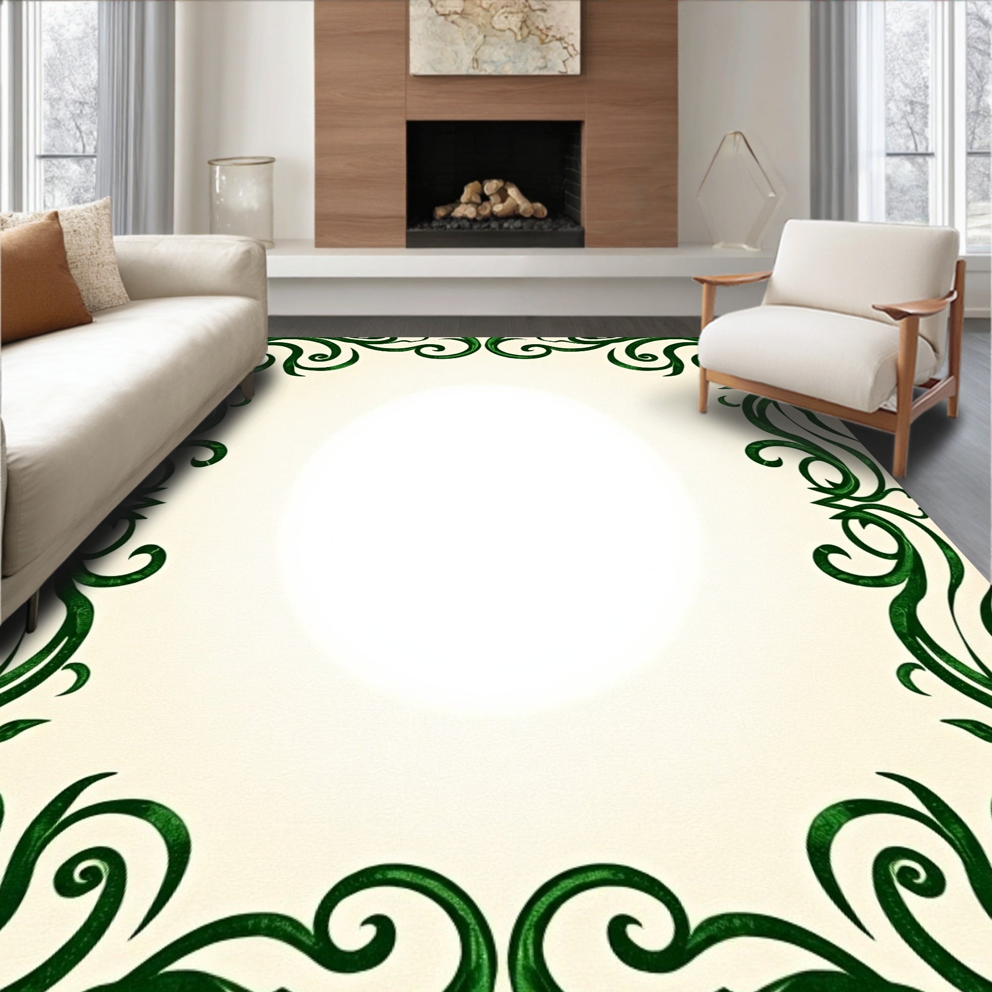 Emerald Green Swirling Vine Border Rug