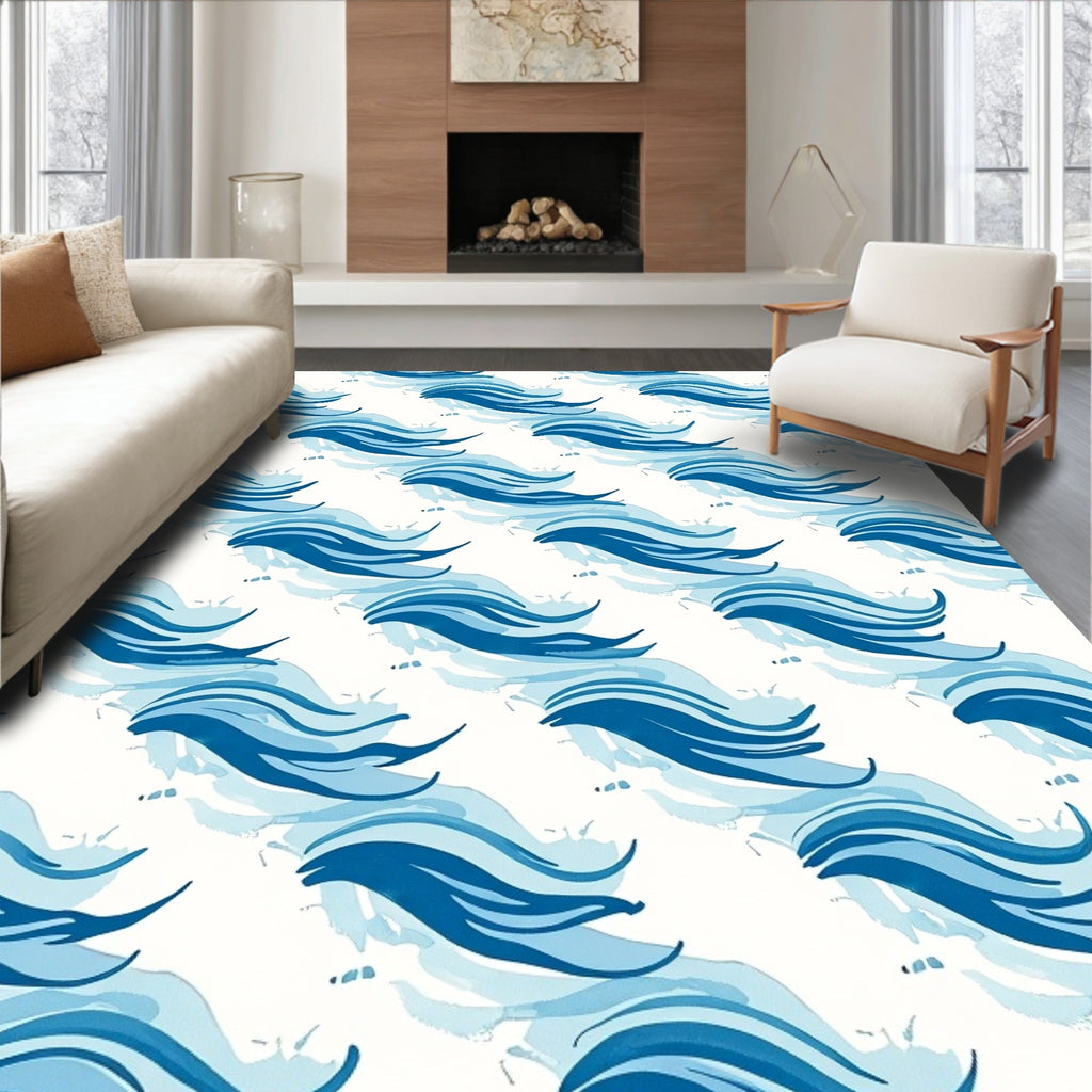 Coastal Blue Watercolor Wave Rug
