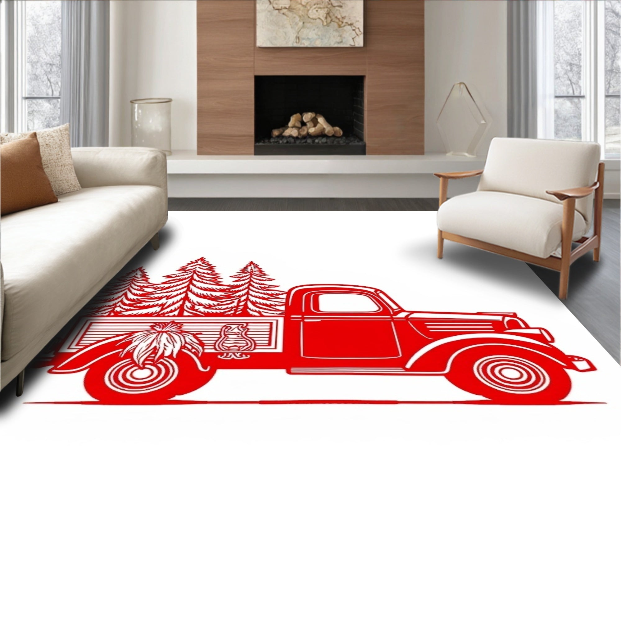 Vintage Red Truck Pine Tree Scene Rug