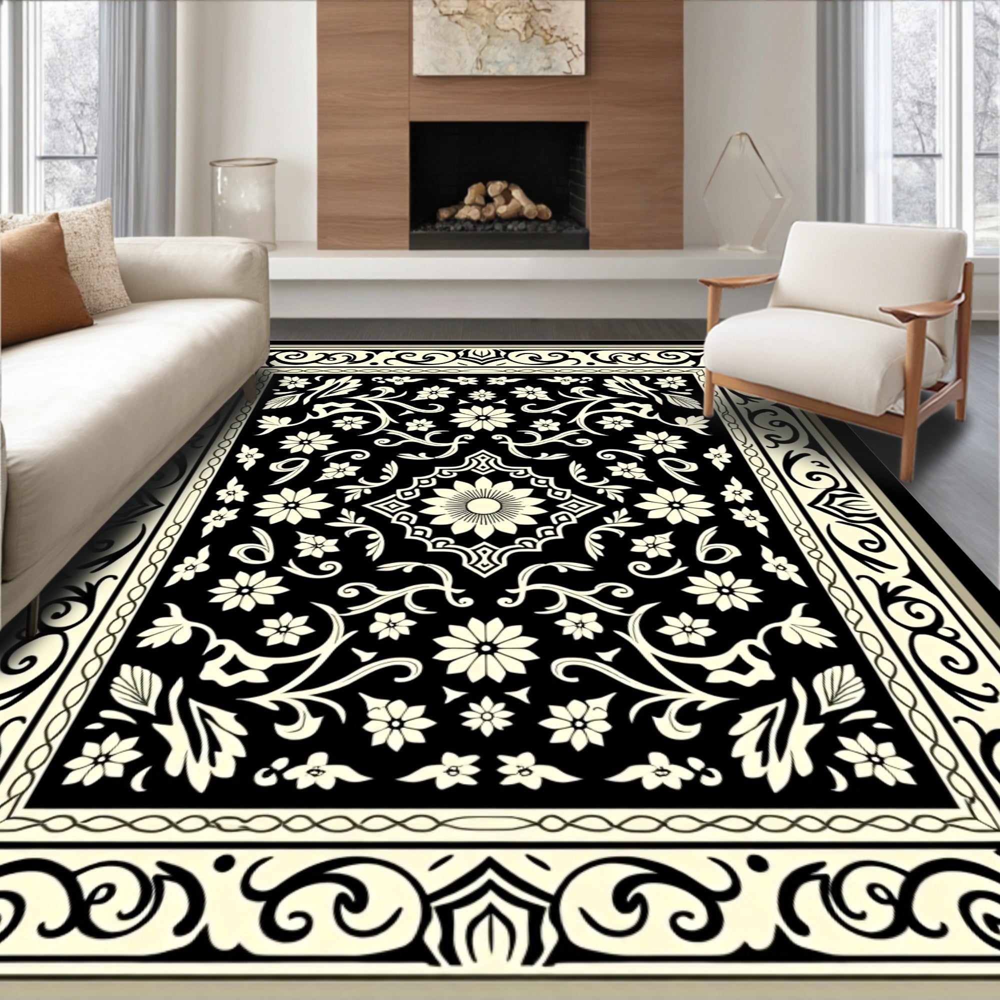 Black Ivory Floral Medallion Area Rug