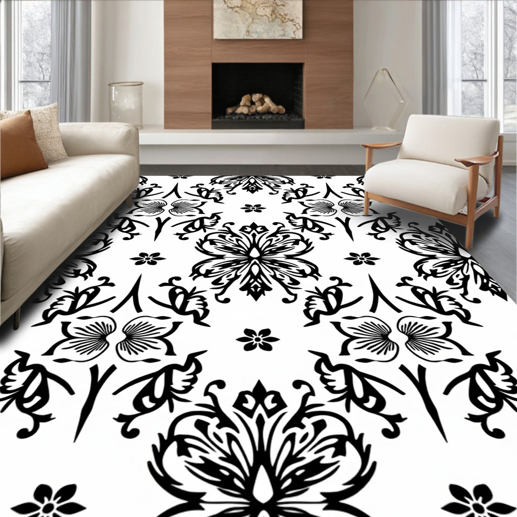 Black White Floral Ornamental Swirl Accents Rug