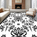 Black White Floral Ornamental Swirl Accents Rug