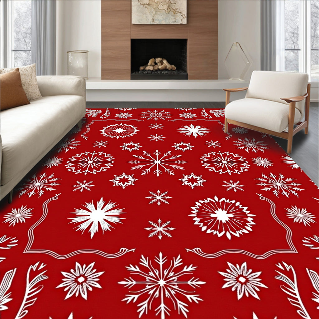 Crimson White Snowflake Cluster Art Rug
