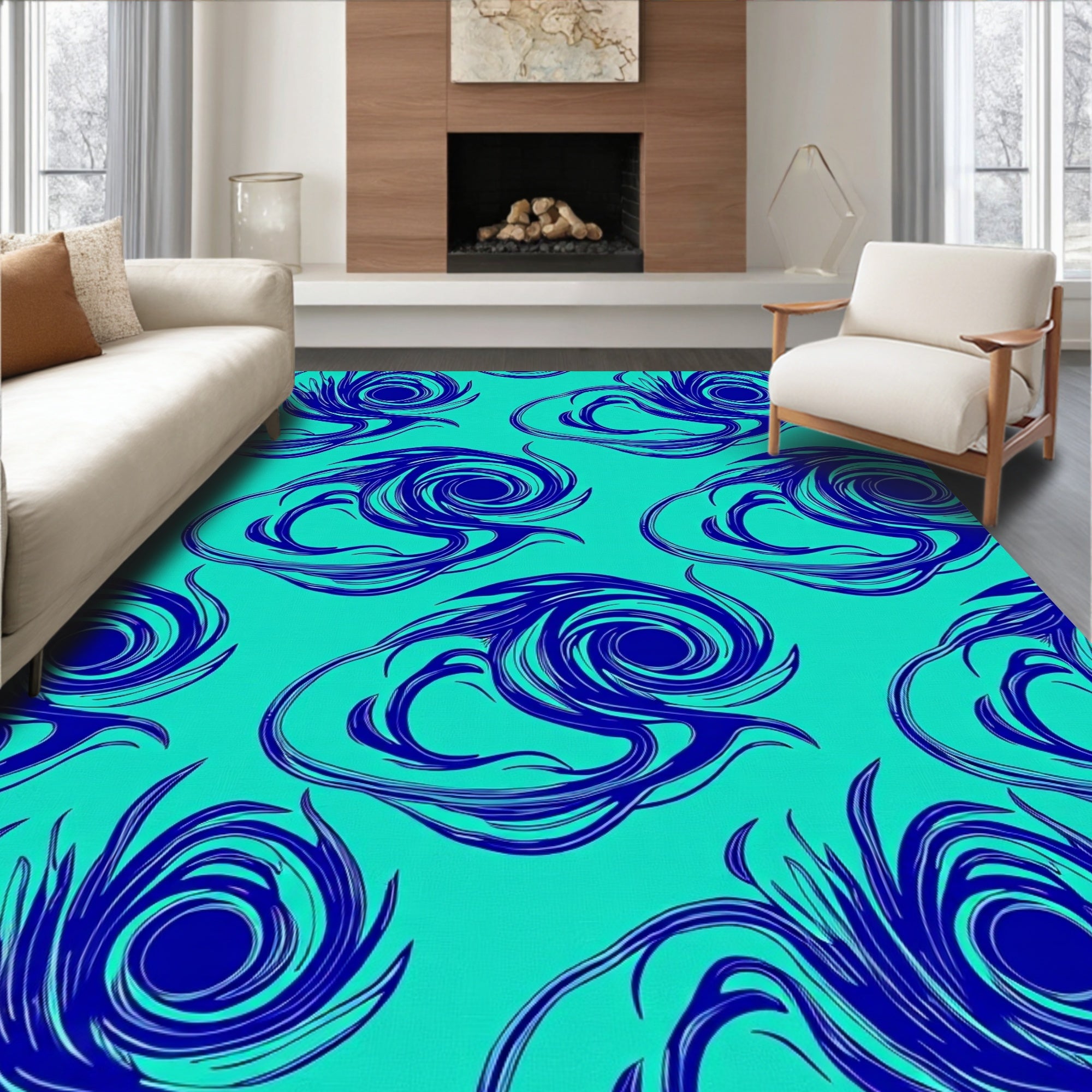 Navy Swirl Aqua Abstract Flow Rug