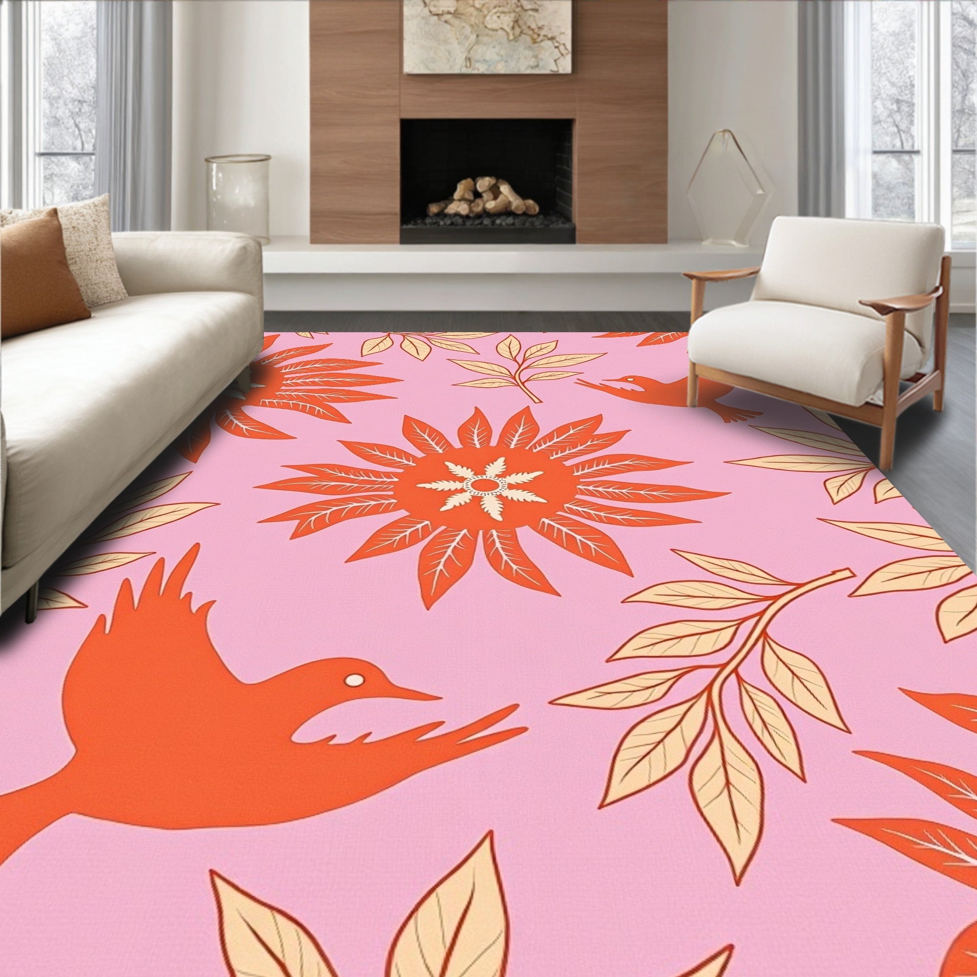 Pink Orange Bird Floral Laurel Rug