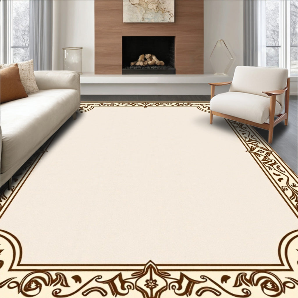 Elegant Brown Ivory Floral Scroll Border Rug