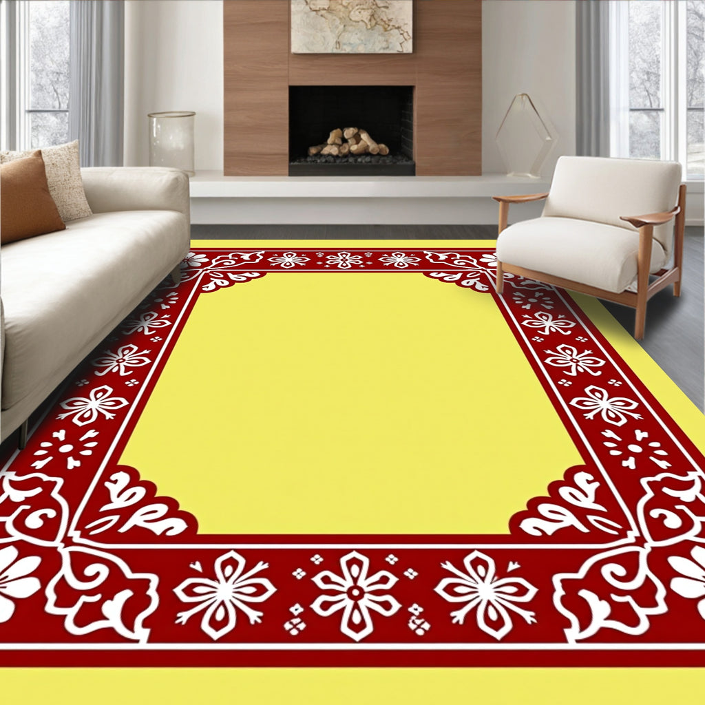 Crimson White Floral Geometric Border Rug