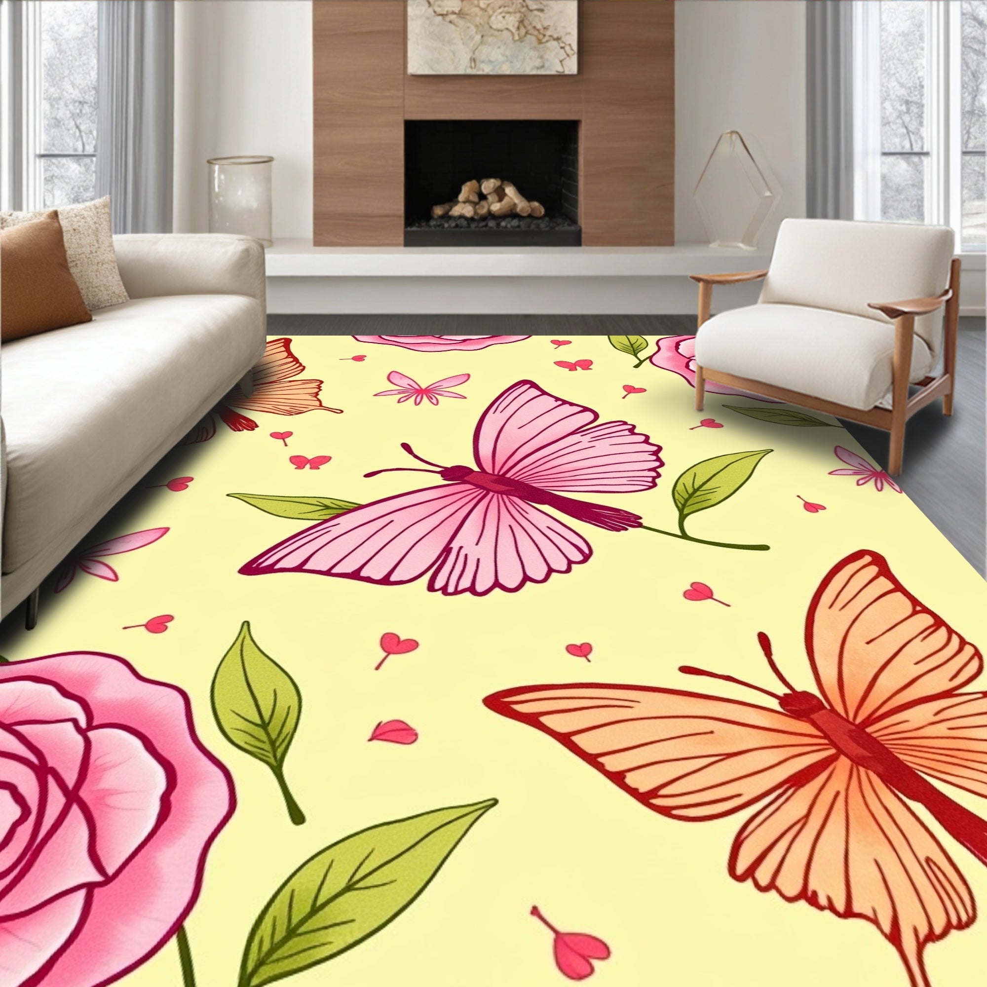 Pink Butterfly Rose Garden Rug