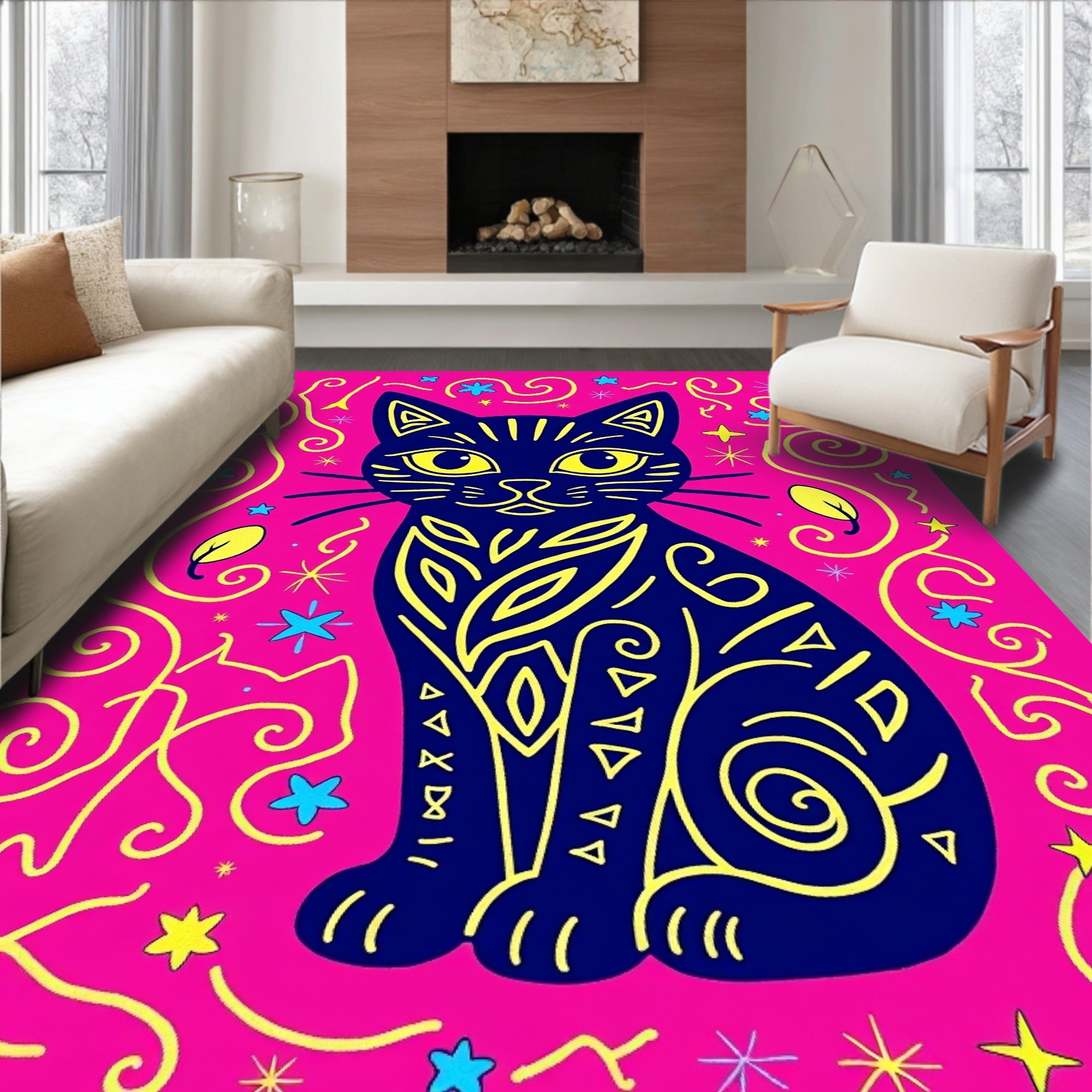 Whimsical Blue Cat Pink Swirls Rug