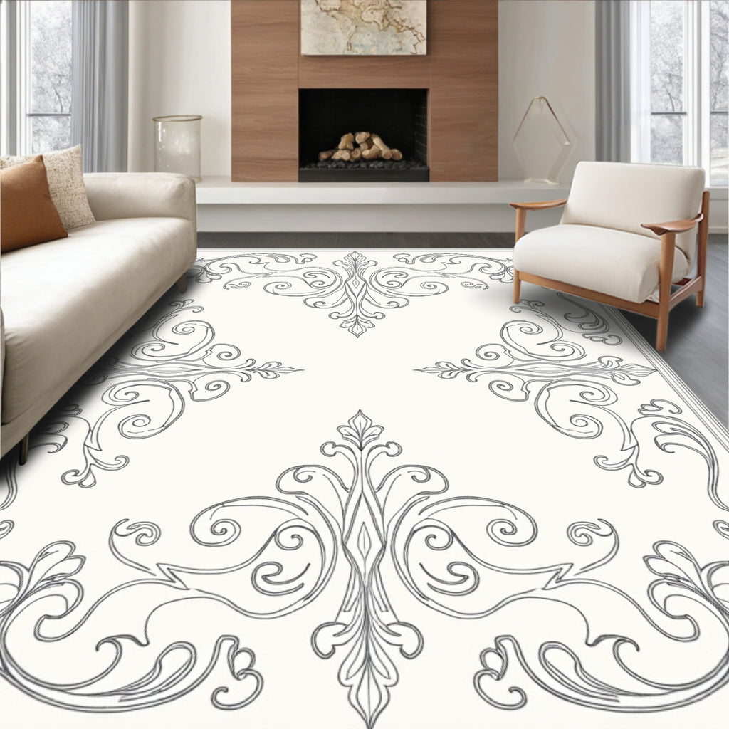 Ornate Gray Filigree Scrollwork Rug