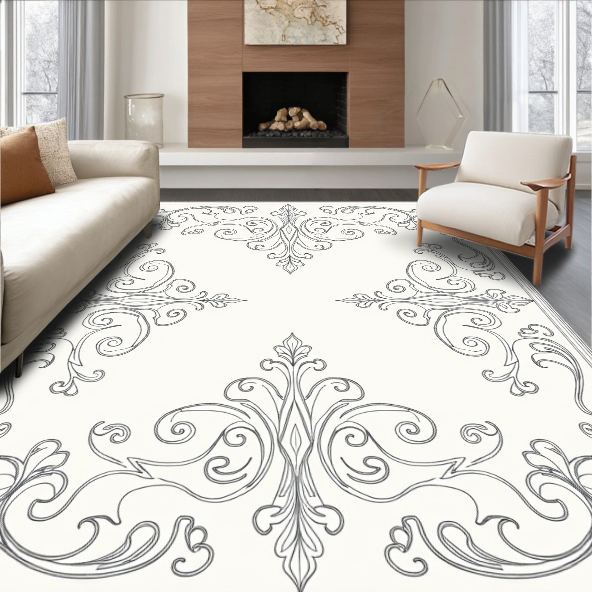 Ornate Gray Filigree Scrollwork Rug