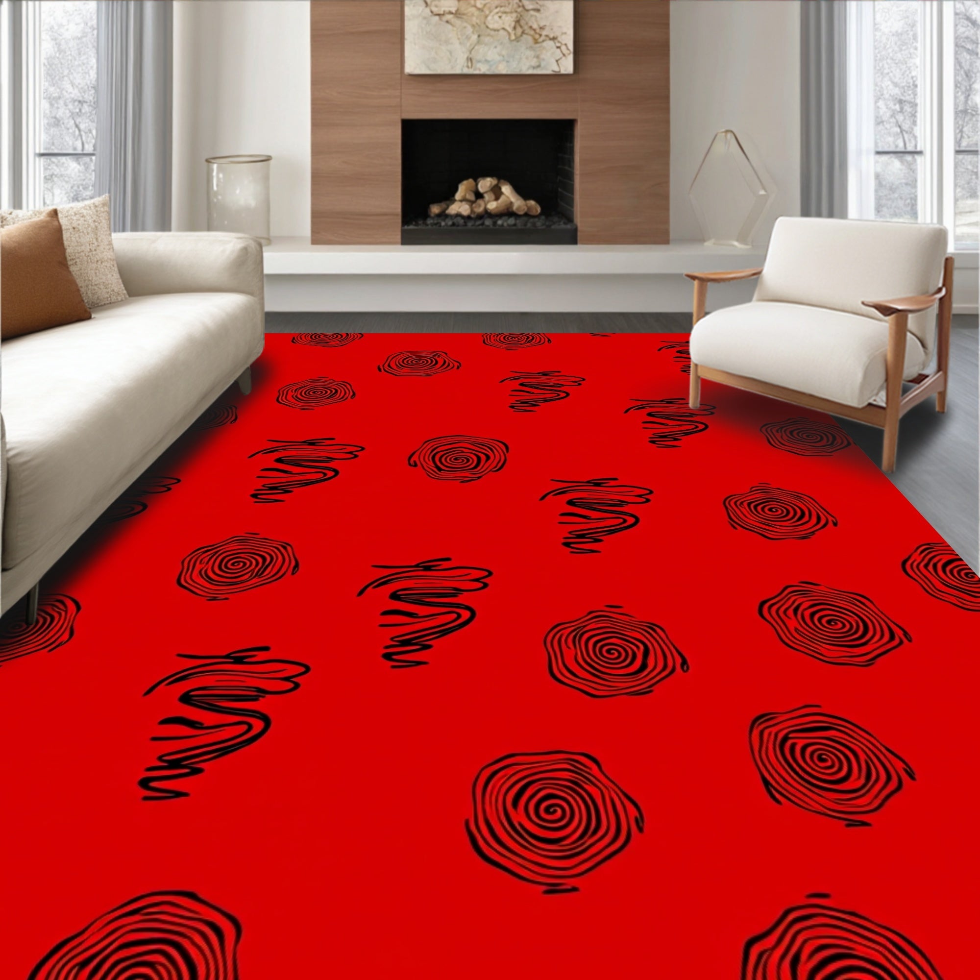 Crimson Red Swirl and Rose Rug
