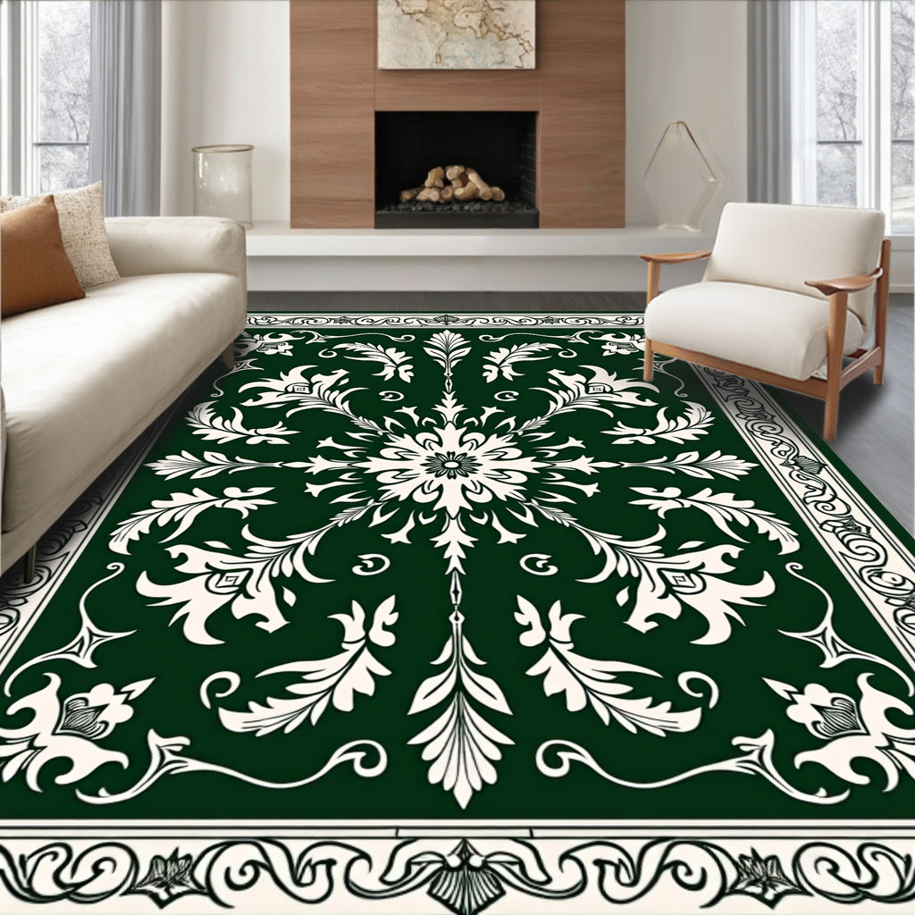 Emerald Green Floral Medallion Border Rug