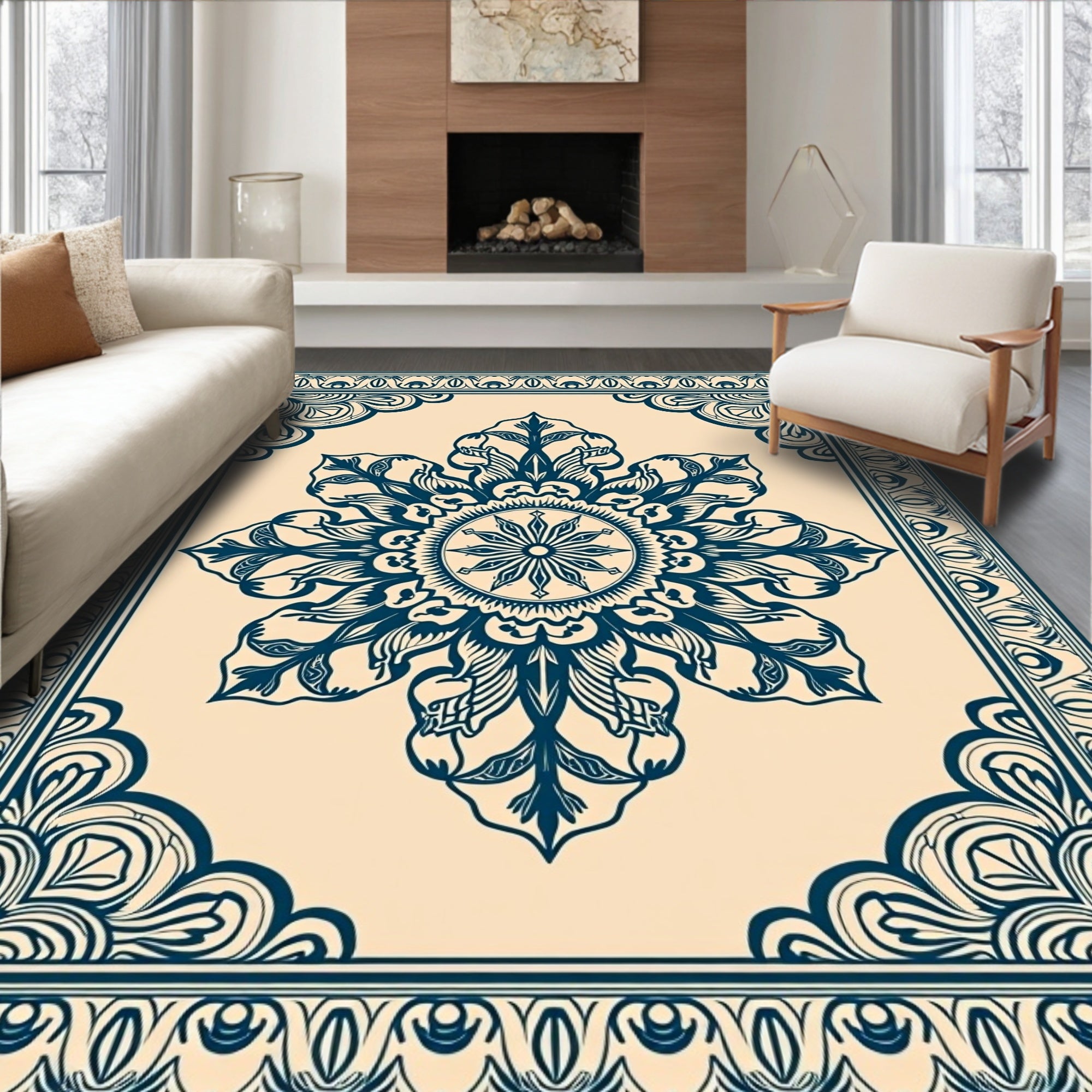 Navy Blue Floral Medallion Border Rug