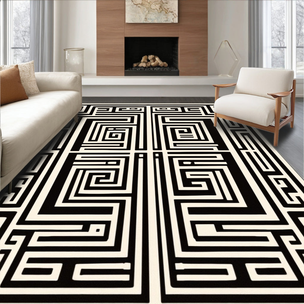 Black Cream Geometric Maze Rug