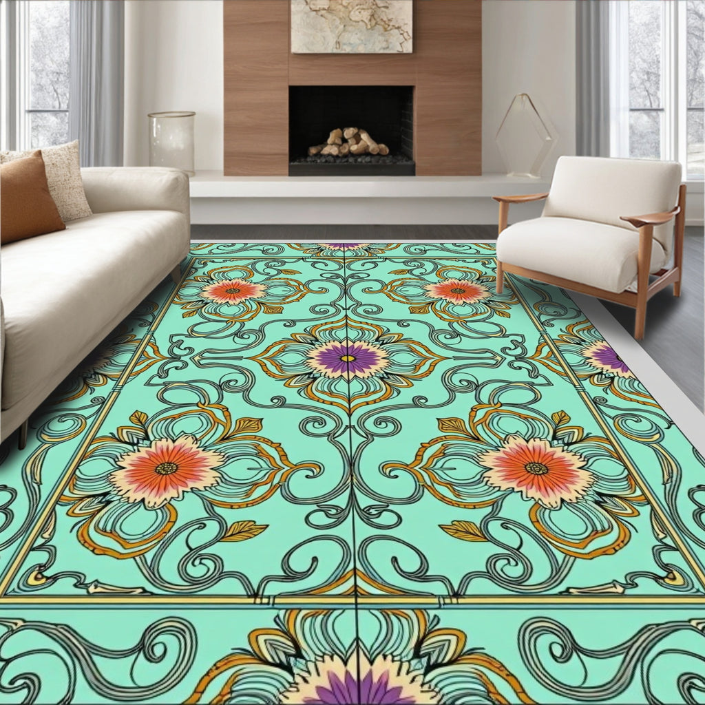 Aqua Floral Medallion Art Nouveau Rug