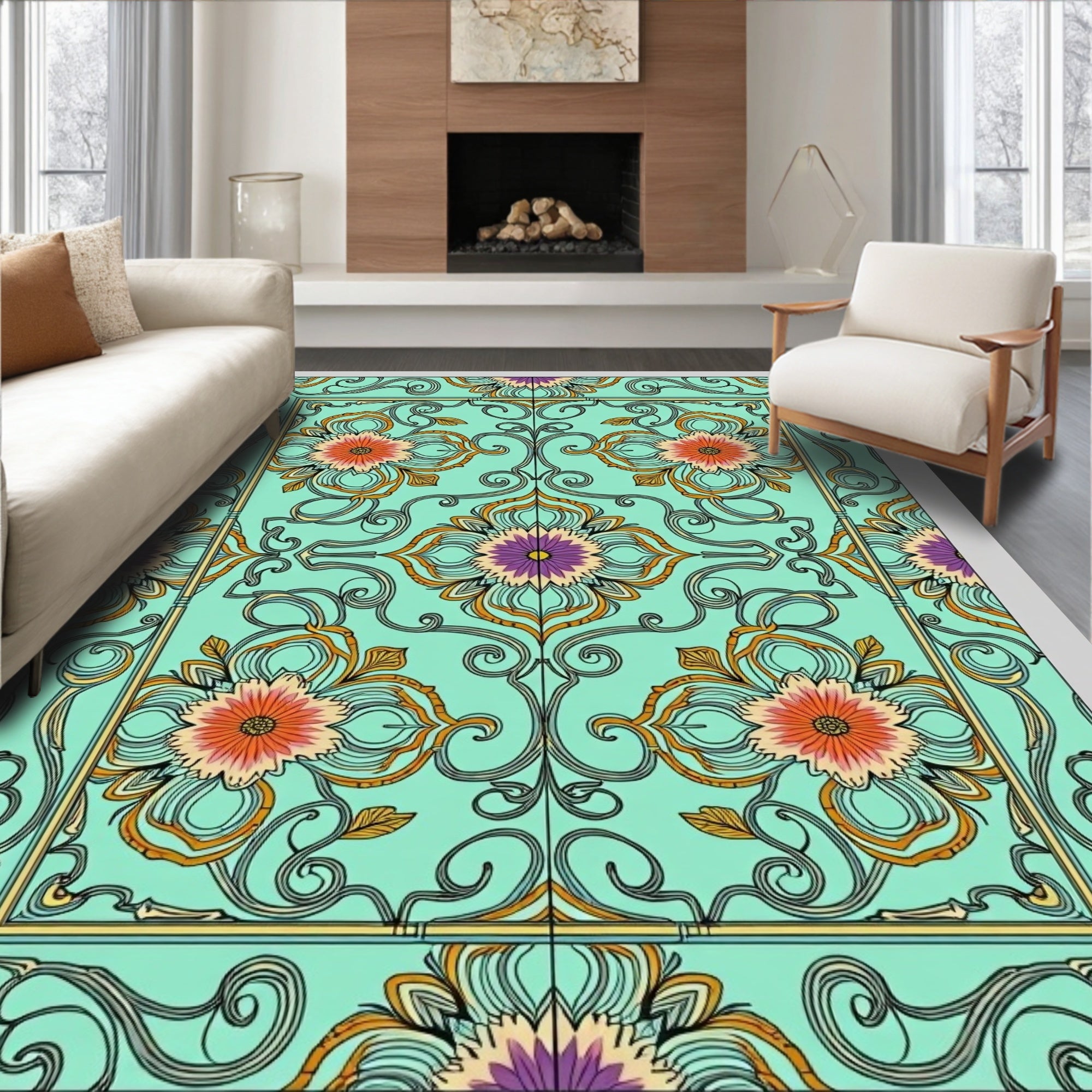 Aqua Floral Medallion Art Nouveau Rug