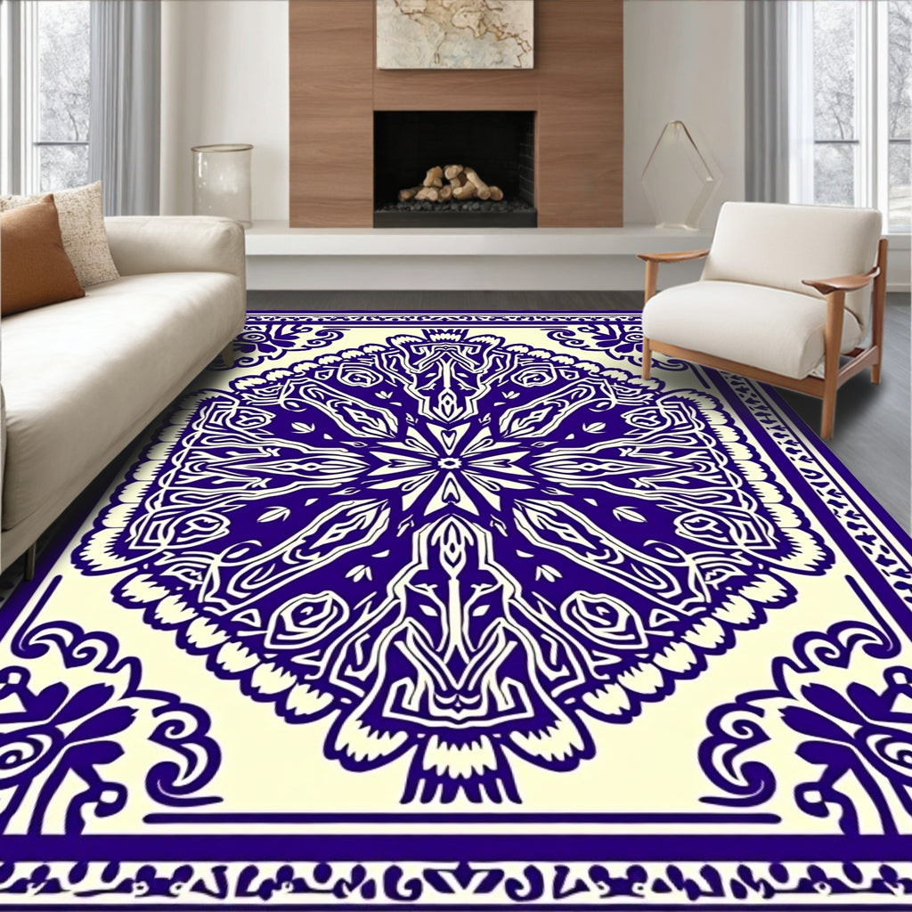 Deep Indigo Floral Mandala Art Rug