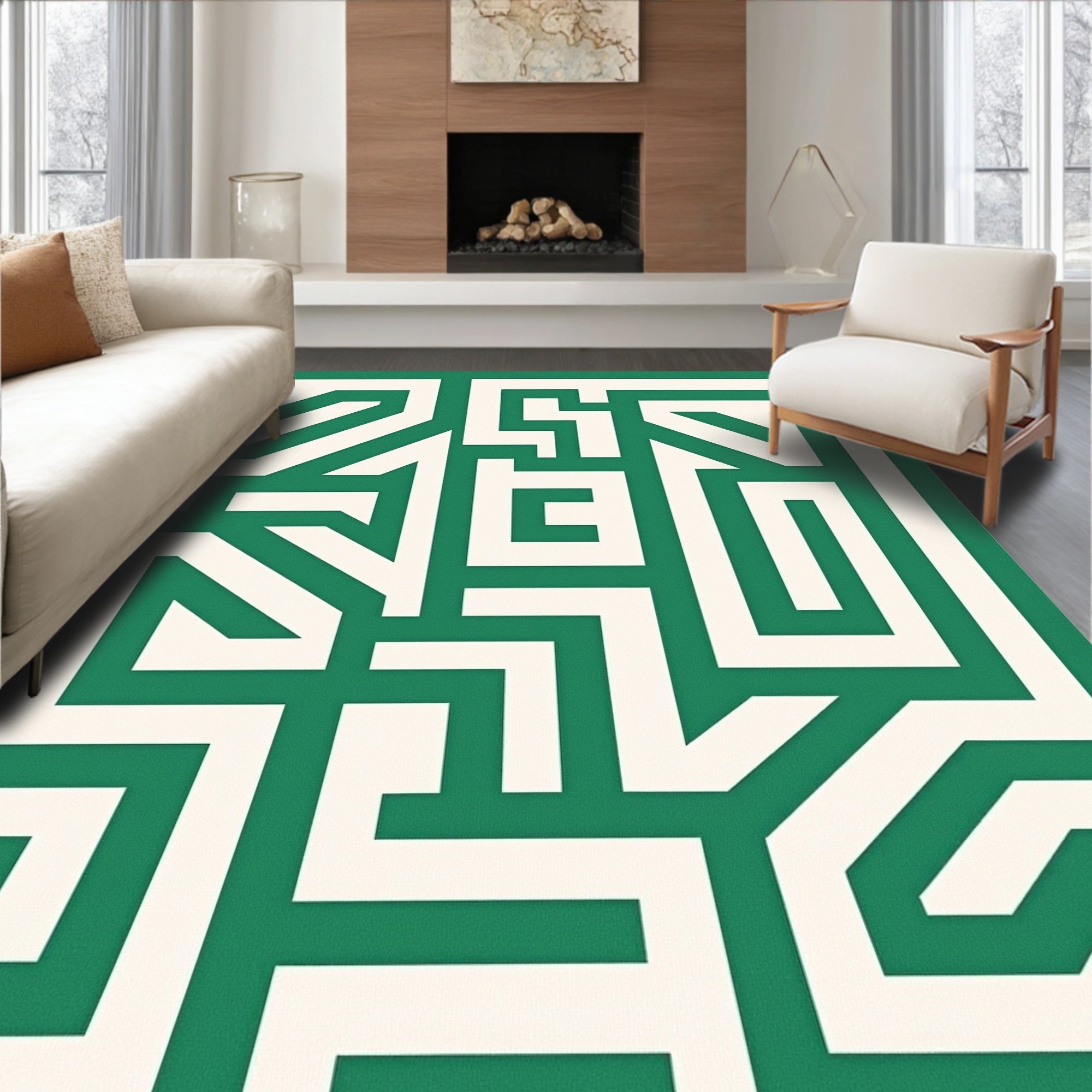 Emerald Green Maze Line Art Rug