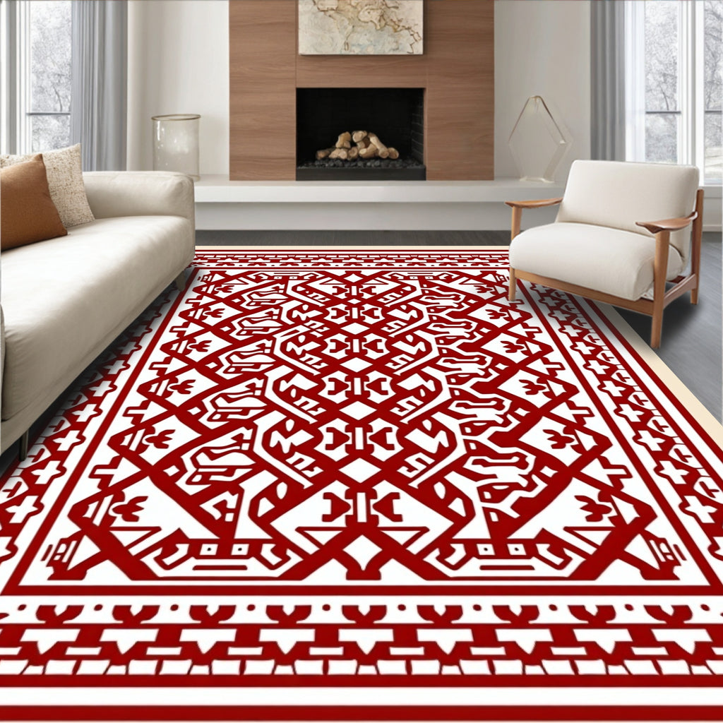 Crimson Red Geometric Animal Motif Rug
