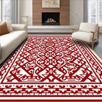 Crimson Red Geometric Animal Motif Rug