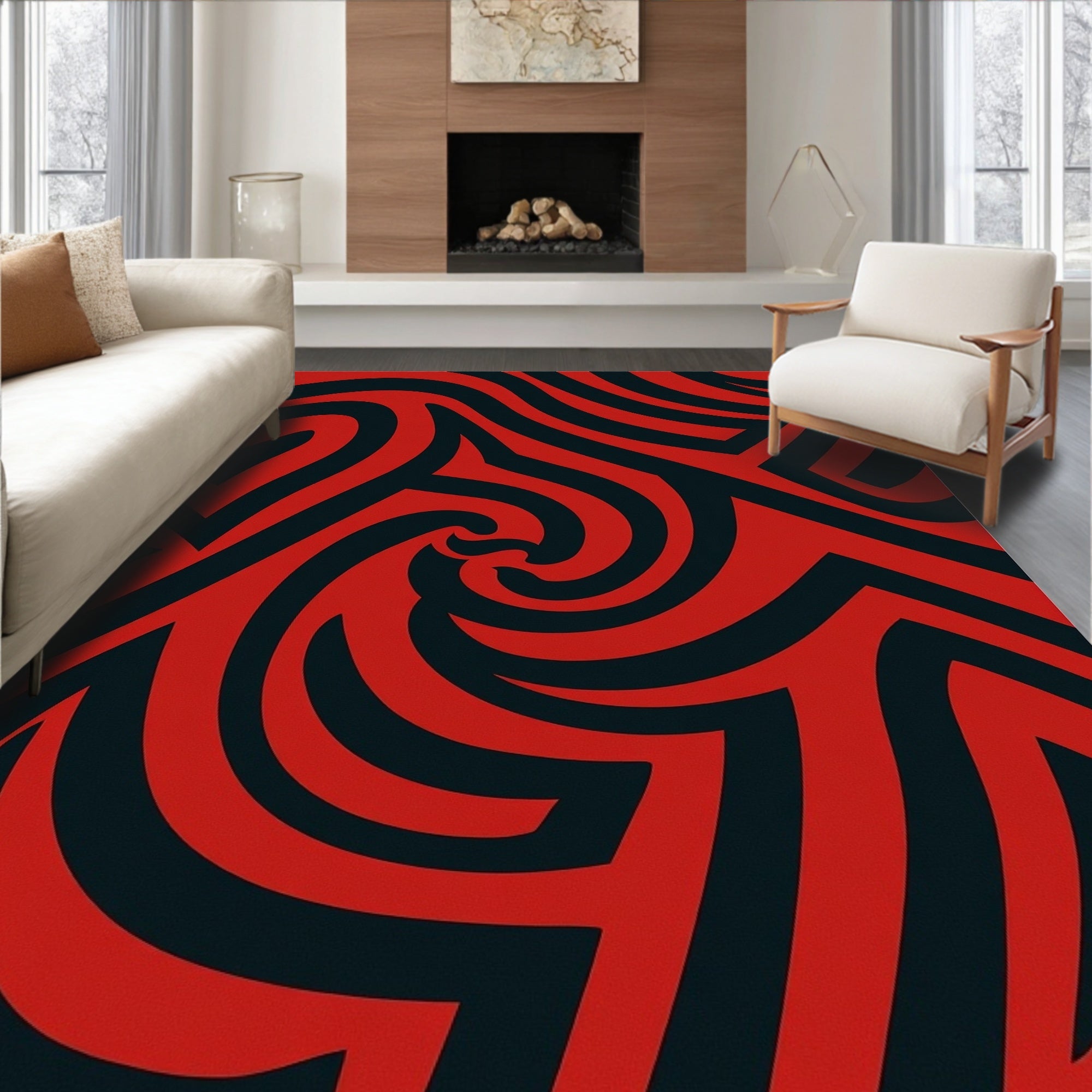 Crimson Black Swirled Abstract Rug