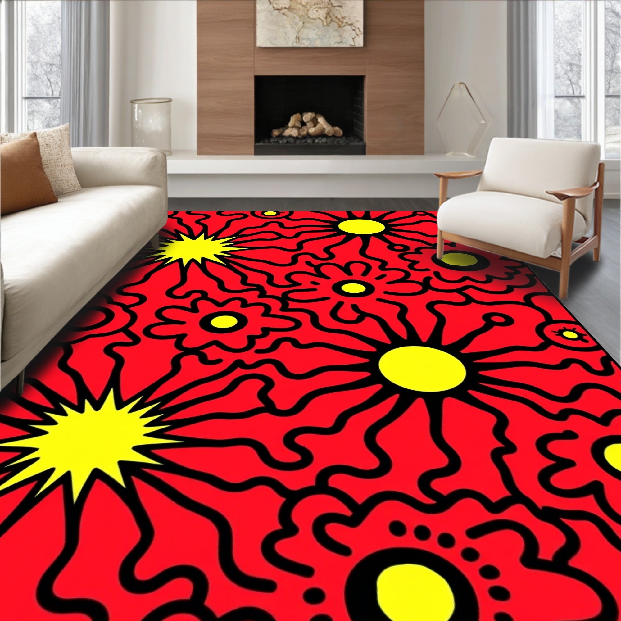 Bright Red Yellow Floral Burst Rug