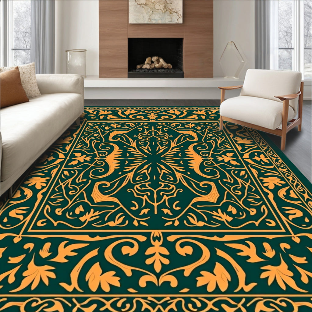 Rich Teal Golden Floral Symmetry Rug
