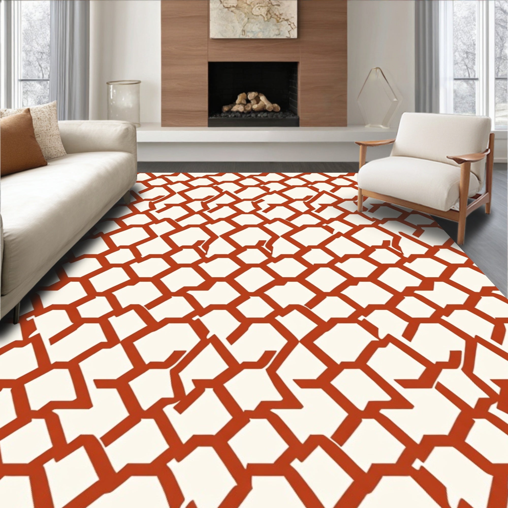 Terracotta Geometric Interlocking Hexagons Rug