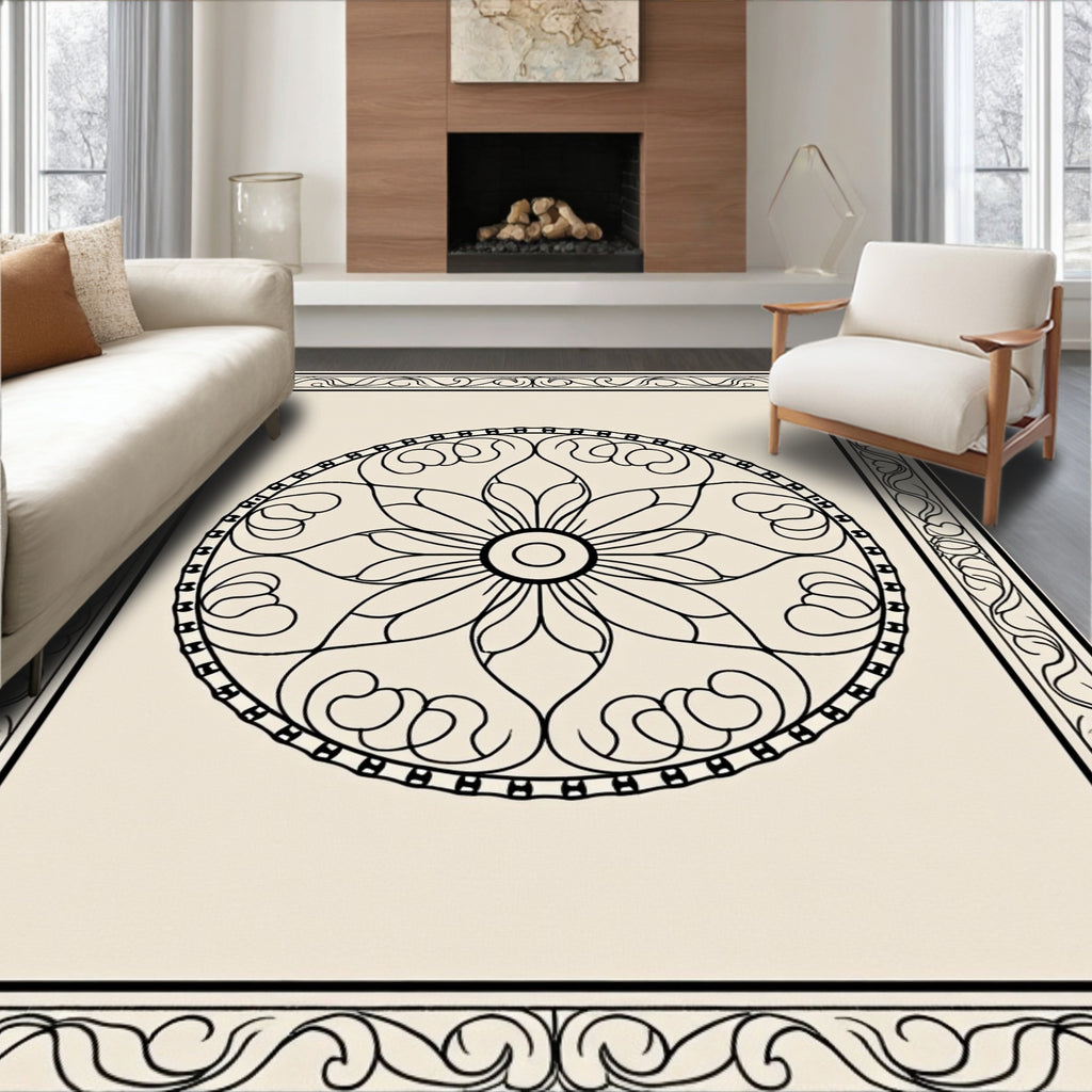 Monochromatic Floral Mandala Frame Rug