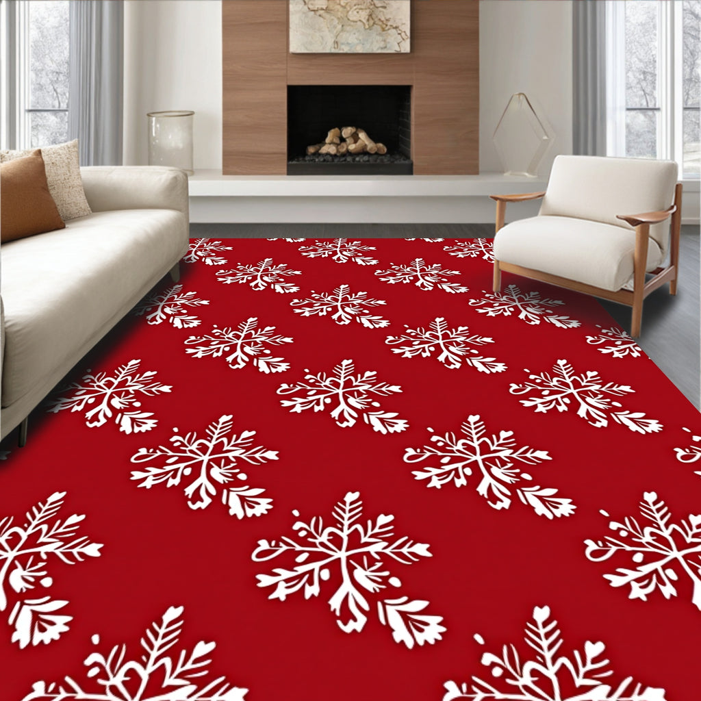 White Snowflake Red Repeating Pattern Rug