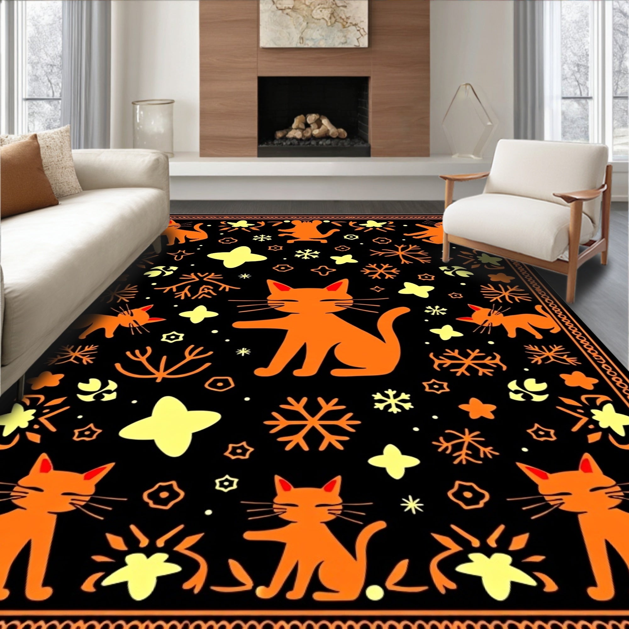 Orange Cat Whimsical Stars Black Rug