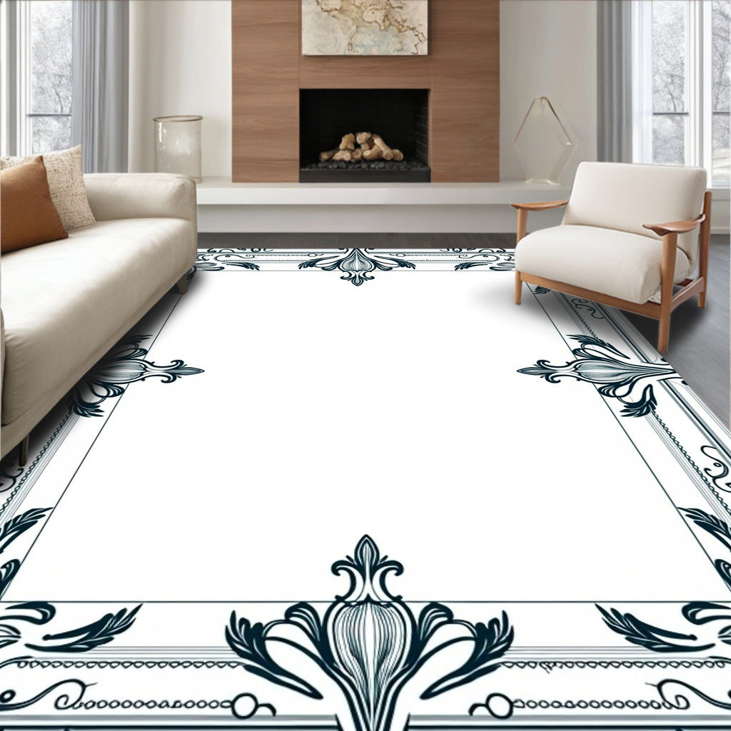 Dark Teal Scrollwork Floral Frame Rug