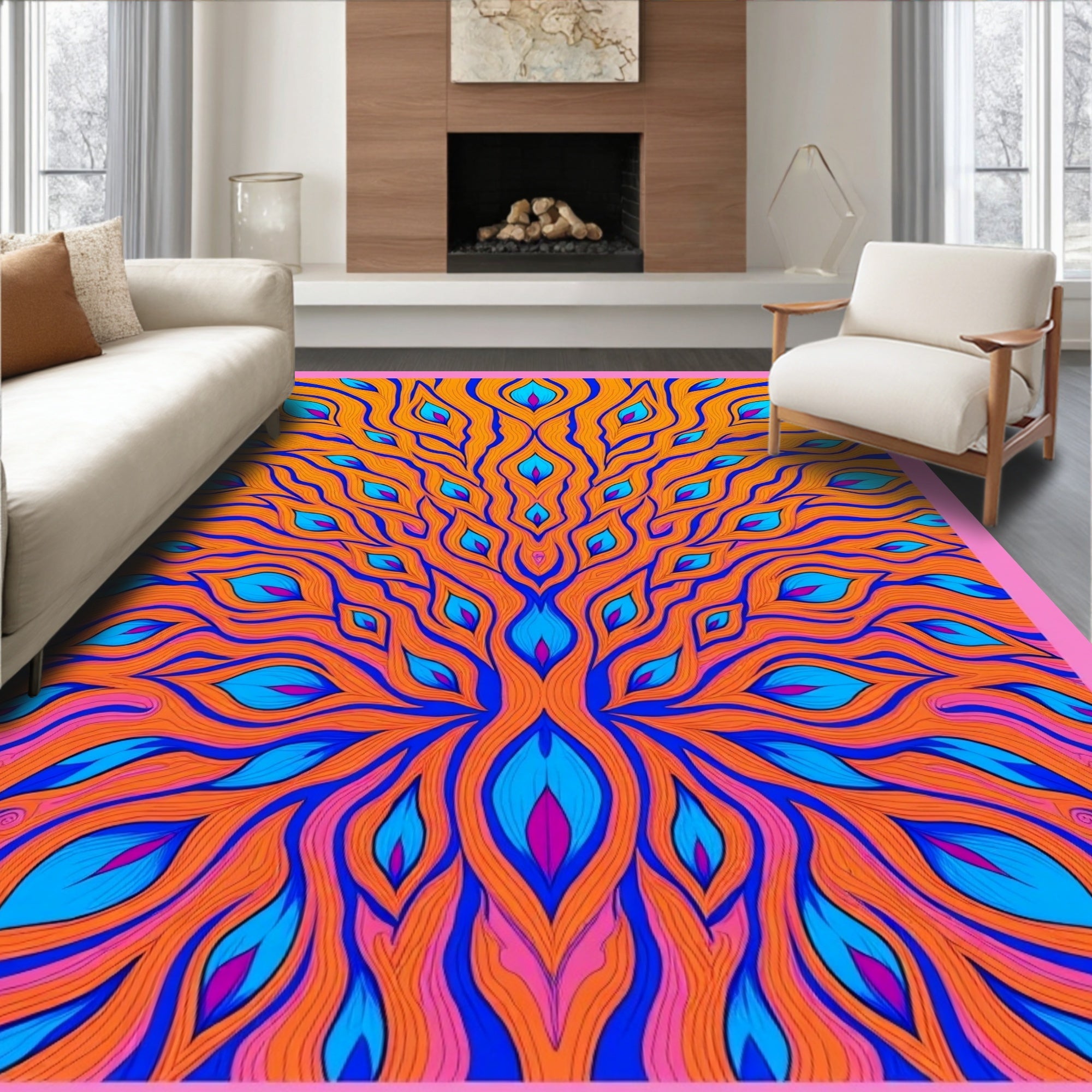 Vibrant Orange Blue Eye Feather Rug