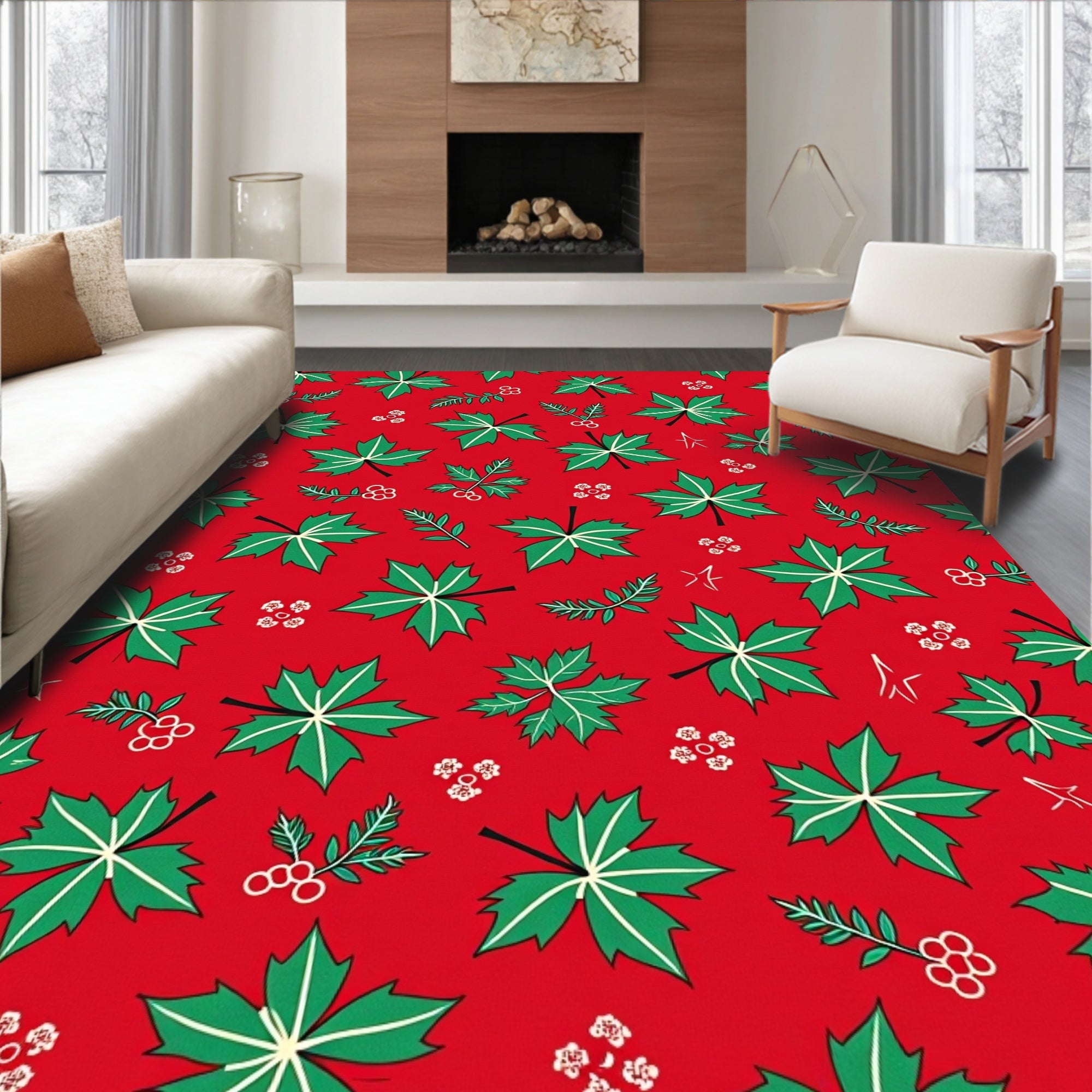 Festive Green Holly Leaf Collage Rug