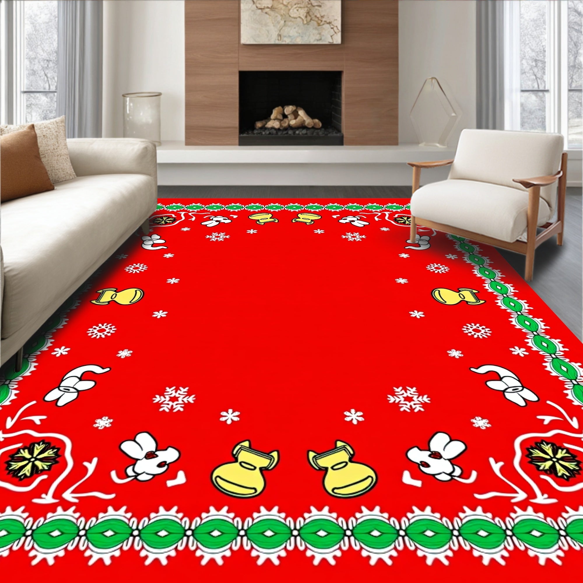 Red Festive Cartoon Holiday Bandana Rug