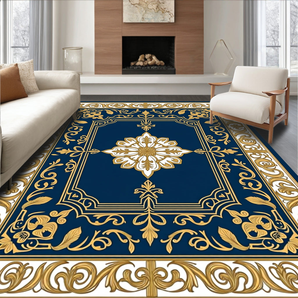 Midnight Blue Gold Baroque Medallion Rug