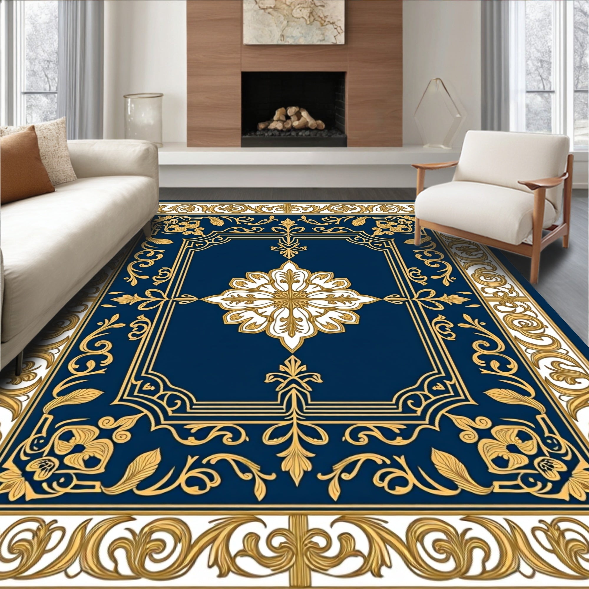 Midnight Blue Gold Baroque Medallion Rug