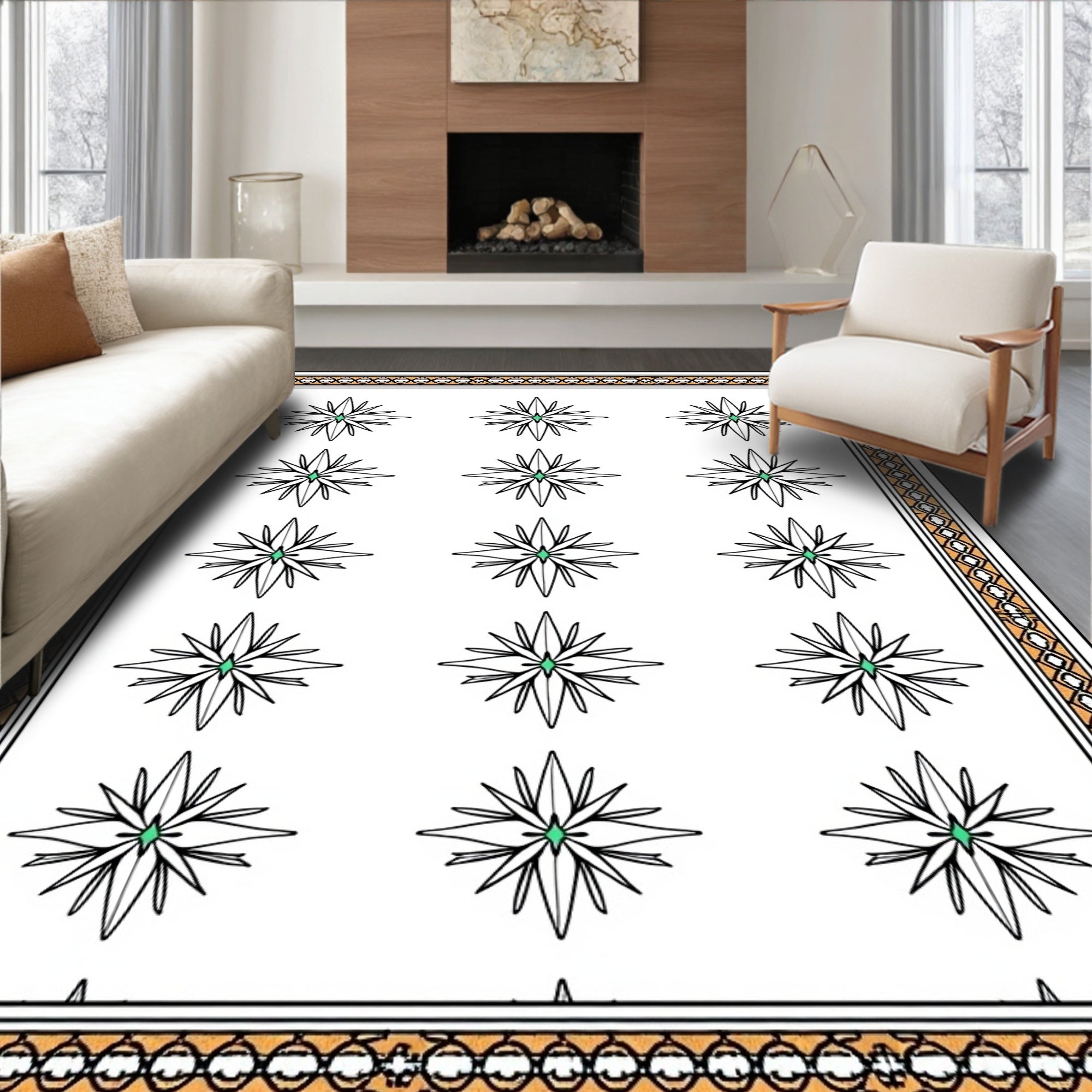 Geometric Green Starburst Border Rug