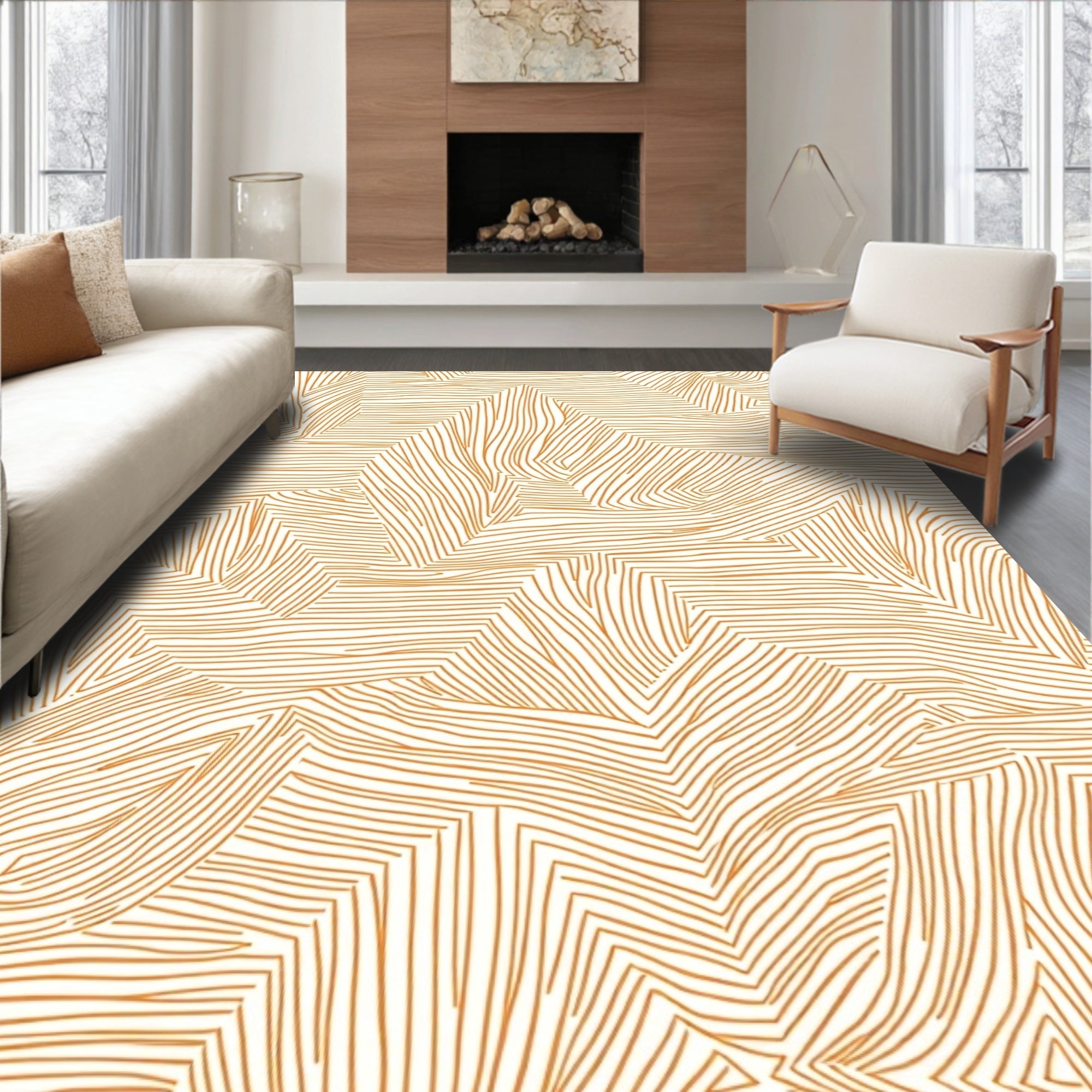 Golden Orange Abstract Line Overlay Rug