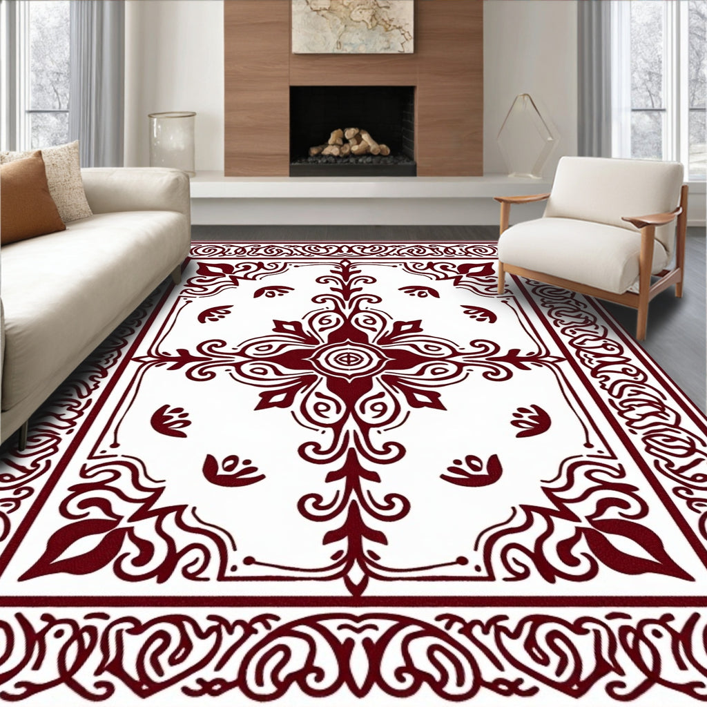 Crimson Medallion Floral Scroll Borders Rug